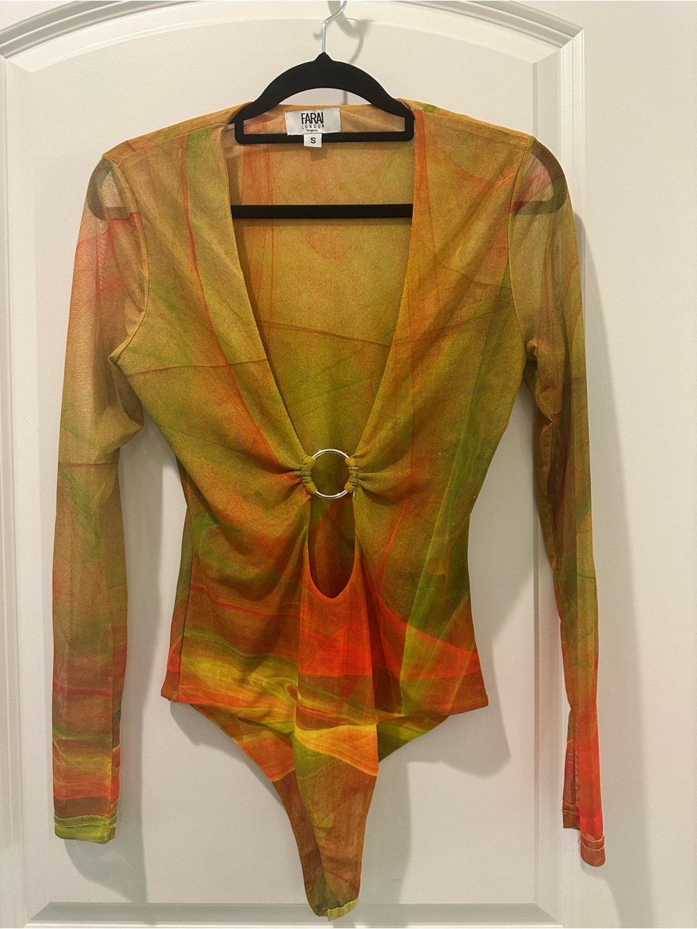Farai London Orange and Green Mesh Ring-Front Bodysuit